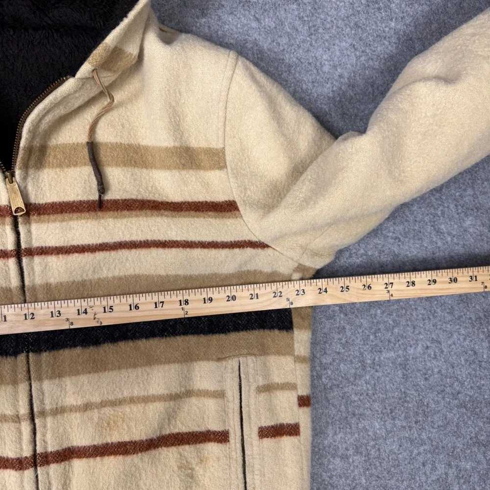 Vintage Wool Striped Hooded Jacket Mens Tan Brown Hudson Bay Style Sherpa Lined